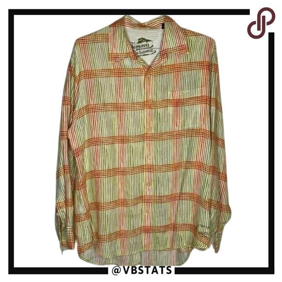 Large Tommy Bahama Orange Green Striped 100% Linen LS Shirt - Picture 1 of 5